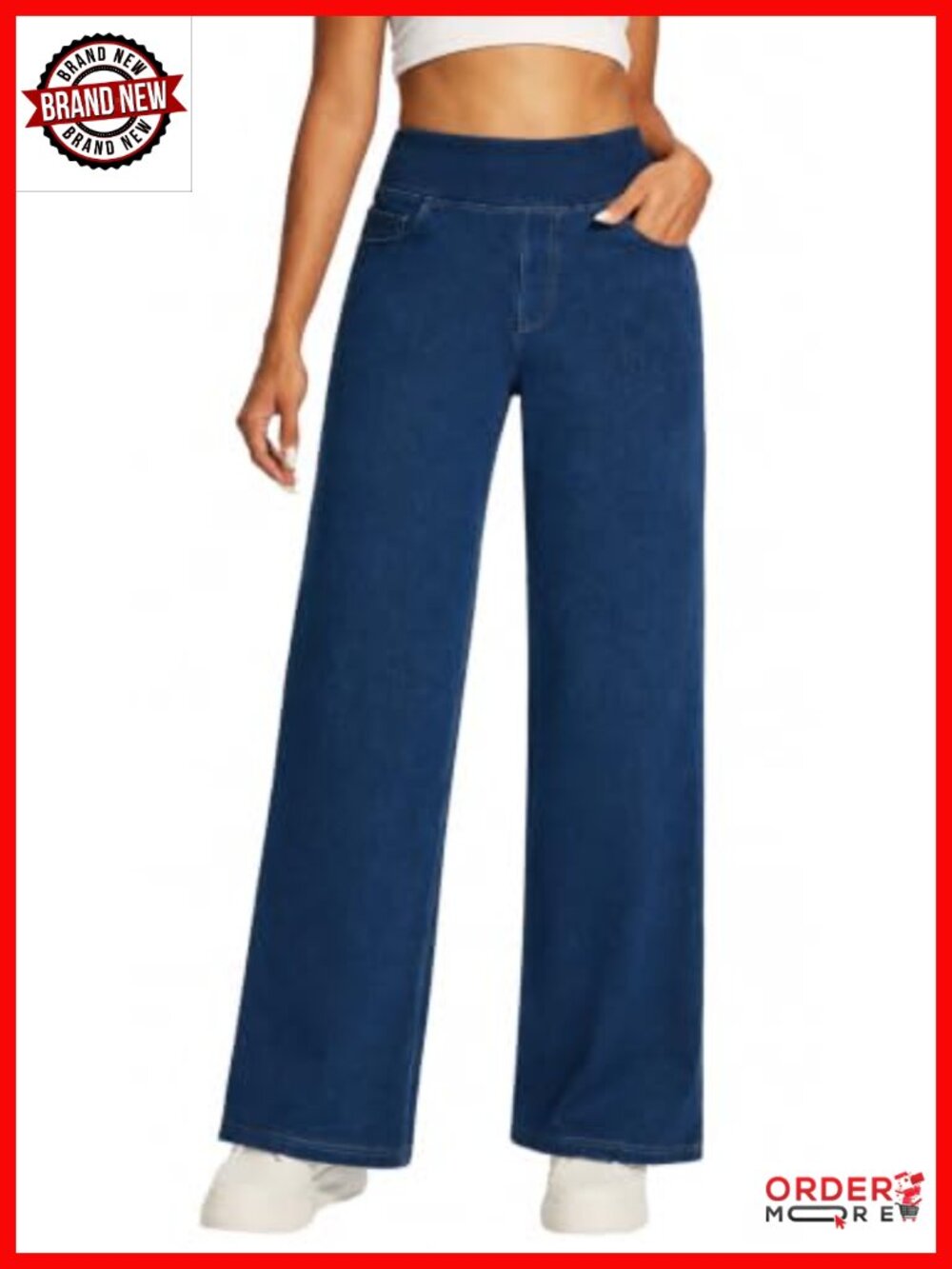Women's Wide Leg Pull On Jeans Stretchy High Waist Denim Pants